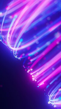 Extreme closeup of warped neon line flow carrying big data. Abstract digital data stream of quantum computing. Cyberspace of qubit trail waves. Modern technology data transmission. Vertical Video.