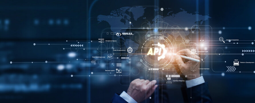 Software developer using a virtual API interface with system integration icons, application endpoints, connected cloud services, and real time data exchanges. Modern software interoperability.