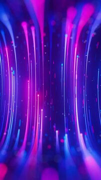 Closeup of warped neon line flow carrying big data at light speed. Digital data stream for quantum computing. Cyberspace of qubit trail waves. Modern technology data transmission. Vertical Video.