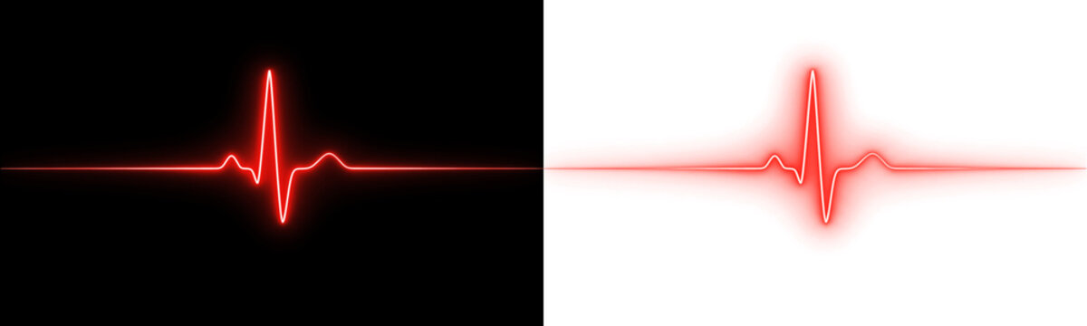 Red glowing heartbeat ekg line on black and transparent backgrounds
