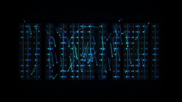 Digital data streams flowing in abstract blue code patterns against a dark background