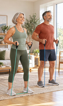 Middle-aged woman and middle-aged man exercise with resistance bands in a bright living room. Active home workout supports fitness and healthy lifestyle concepts.