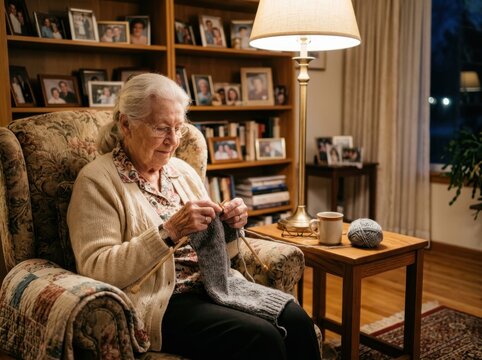 Cozy knitting scene with senior woman in warm home interior
