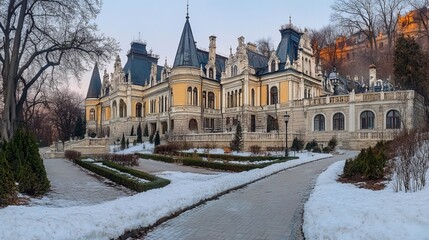 Obraz premium Historic mansion with peaked spires and stone facade set in a snowy winter landscape.