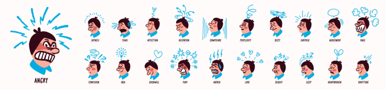 Expressive doodle character faces with wide emotion spectrum with dynamic symbols and bold lines. Emotion face set with varied states and clear expression cues. Great for stickers icons UI packs.