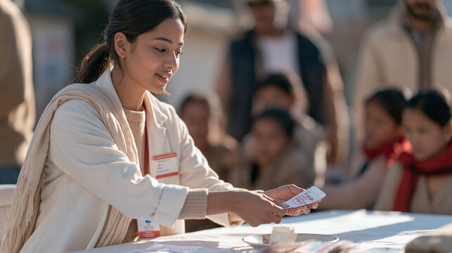 Nepalese village health worker distributing prepackaged blister strips to queue of patients at outdoor clinic table, community medicine distribution, global health program,