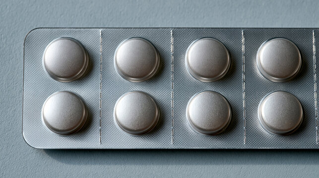 Metallic blister strip of round tablets arranged in perfect row catching directional light creating long shadows, pharmaceutical packaging beauty shot, clean minimal drug product