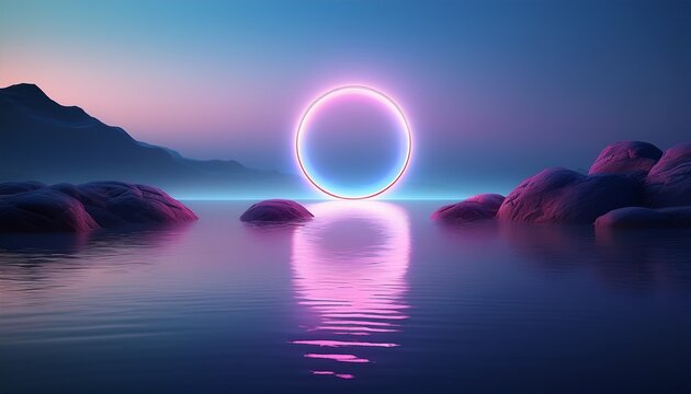 leuchtender kreis uber felsen im wasser n minimalistische ruhige landschaft