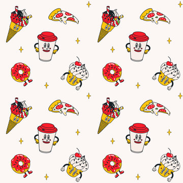 Seamless funky pattern with pizza, coffee and donuts