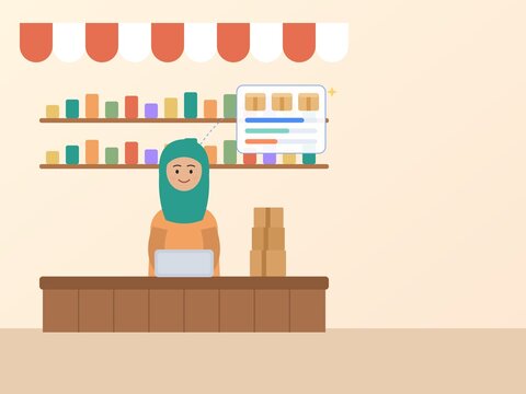 Small business owner managing shop inventory with AI tablet illustration