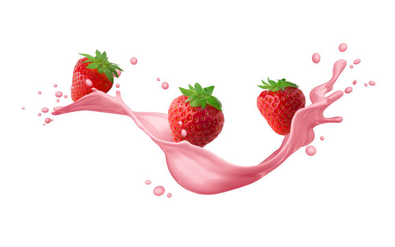 Three Strawberries with pink cream, yogurt splash isolated on white background - 3D illustration	