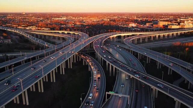 Aerial 60 FPS drone view of multi level highway interchange with flowing rush hour traffic at sunset