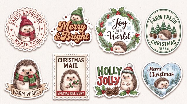 Cute Christmas Hedgehog Sticker Set with Vintage Holiday Badges, Labels, Stamps, and Quotes