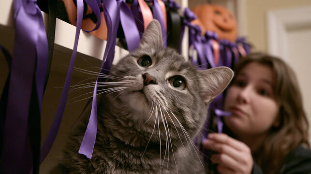 Curious gray tabby cat playing with dangling purple ribbons and halloween garlands while a young girl decorates the home in a cozy festive atmosphere