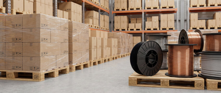 Wide aisle in a distribution center storing large spools of electrical copper wire and packaged goods