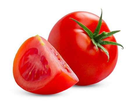 Whole red tomato with green stem and cut in a slice of tomato isolated on white.