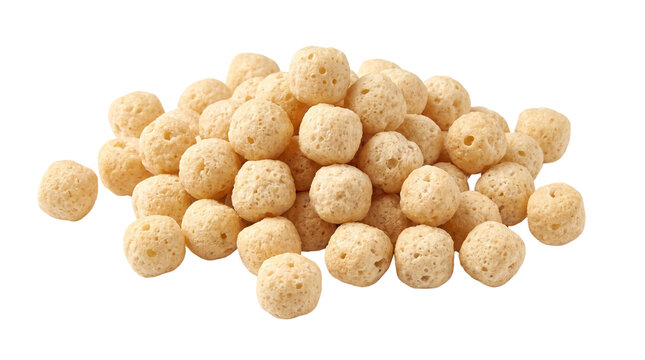 Crispy cereal balls pile for healthy breakfast, golden corn puff cereal snack, crunchy puffed wheat balls for morning meal advertising isolated PNG with Transparent Background