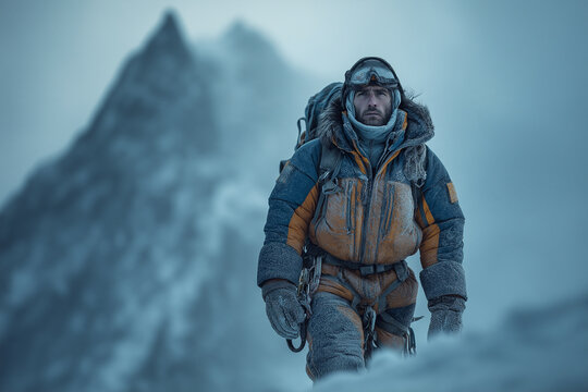 Male mountaineer climbing snowy mountain against blurred peak