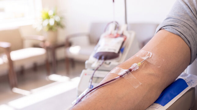 Blood donation process with IV treatment in a waiting area  