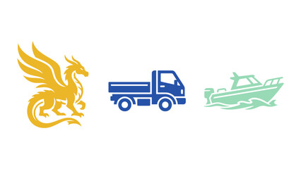 Set of flat vector icons featuring a golden mythical dragon a blue cargo delivery truck and a light green motor boat design © Bishal