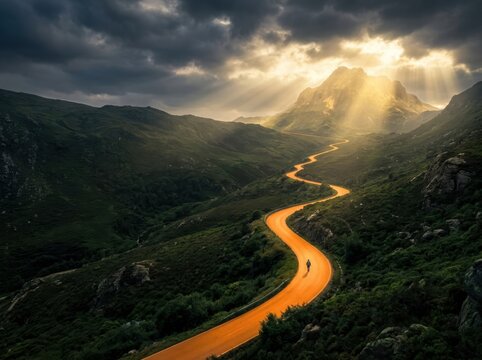 Winding Mountain Road Through Dramatic Green Valley at Sunrise