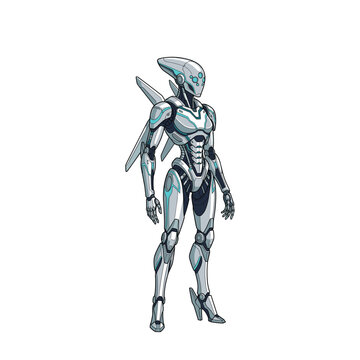 Futuristic Silver Robot Character Vector Illustration, Sleek Sci Fi Android with Mechanical Armor and Blue Details