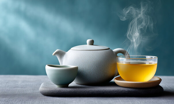 Luxury Tea Ceremony &mdash; Handcrafted Teapot and Porcelain Cup on a Dark Stone Platform

