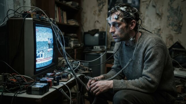 Man with EEG electrodes on head watching old television with static