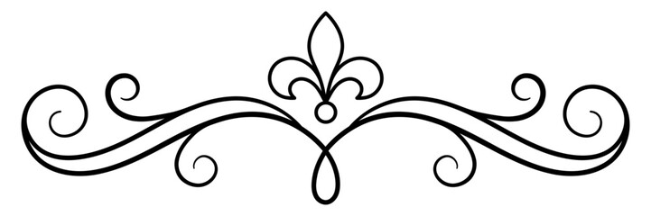 Elegant vintage decorative flourish element with fleur de lis symbol and swirling calligraphic lines © Hamim