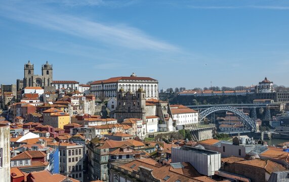 View over old town with Da S&eacute; Cathedral, church Igreja de S&atilde;o Louren&ccedil;o, bridge Ponte Dom Lu&iacute;s I and church Igreja da Serra do Pilar, Porto, Portugal