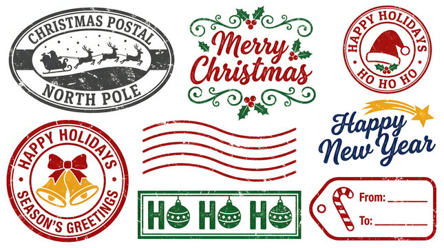 Christmas postmark stamps and holiday greeting labels on white backgro