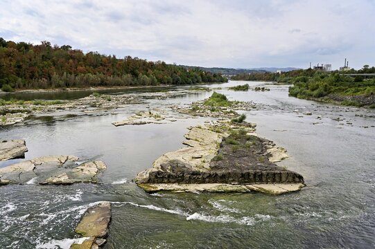 Low water level on the Rhine, early brown-colored forest at the back, heat summer 2026, Rheinfelden, Canton of Aargau, Switzerland