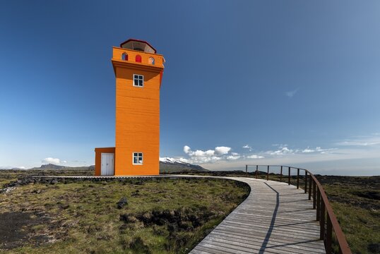 Orange Lighthouse of &Ouml;ndverdarnes, &Ouml;ndver&eth;arnes, Sn&aelig;fellsj&ouml;kull National Park, Snaefellsnes Peninsula, Sn&aelig;fellsnes, Vesturland, Iceland