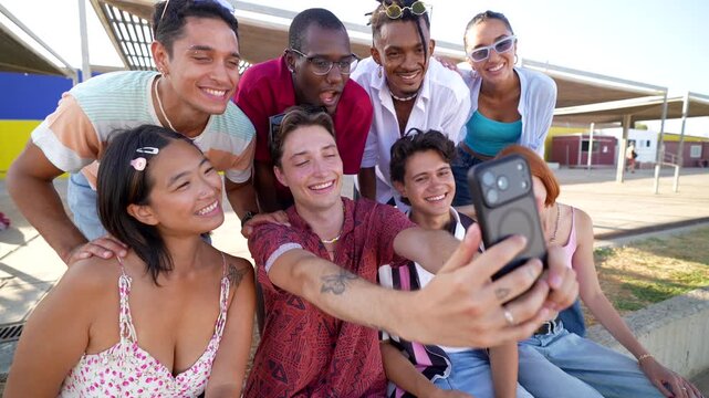 Young, multicultural group of friends laughing and making funny faces while taking a selfie with a smartphone, enjoying a sunny day outdoors together and creating lasting memories
