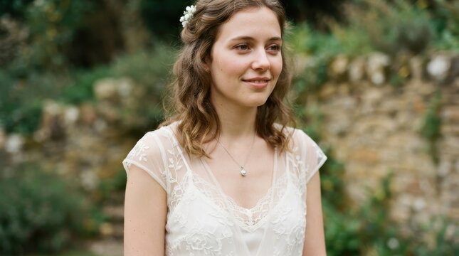 Young bride in a lace wedding dress outdoors