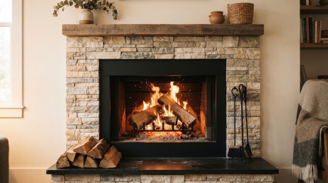 Cozy stone fireplace with burning wood logs in a living room