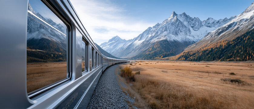 Luxury Mountain Railway &mdash; Panoramic Train Traveling Through a Spectacular Alpine Valley

