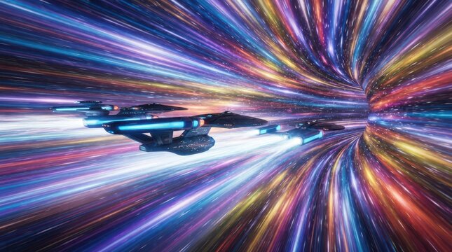 Spaceships traveling through a colorful hyperspace tunnel