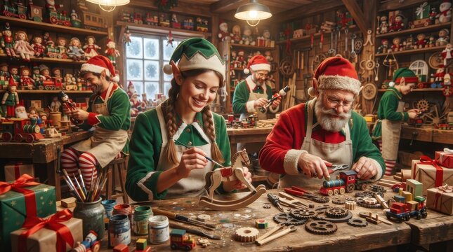 Santa and elves making wooden toys in a busy workshop