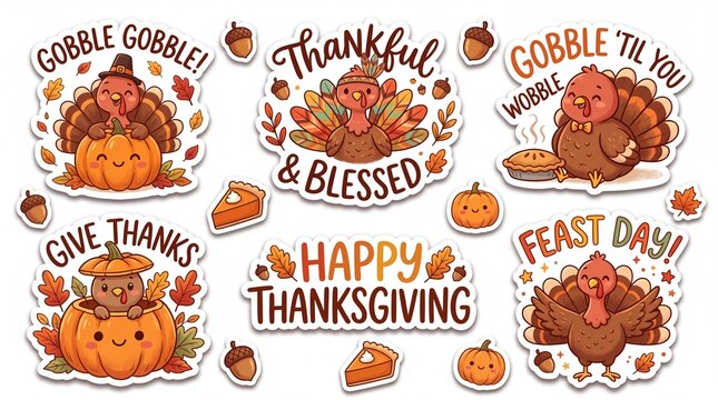 Cute Thanksgiving Turkey Sticker Set with Autumn Pumpkins, Fall Leaves, Slices of Pie, and Holiday Quotes