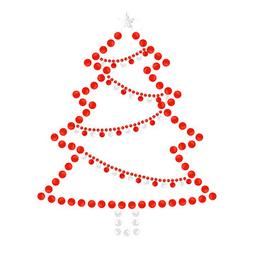 Festive Red and White Crystal Gem Christmas Tree with Silver Star. Rhinestone or Diamond Christmas Tree for holiday greeting cards, seasonal fashion apparel, T-shirt transfers, hotfix motifs.