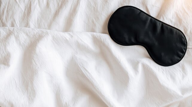 Black sleep mask on white wrinkled bed sheets
