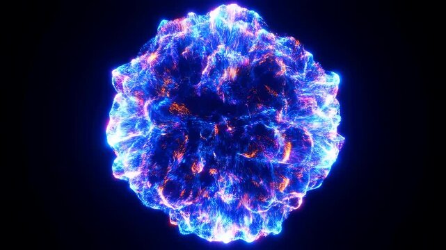Glowing blue and violet energy sphere pulses with swirling luminous textures against dark background, showing abstract circular motion and bright electric edges in centered composition