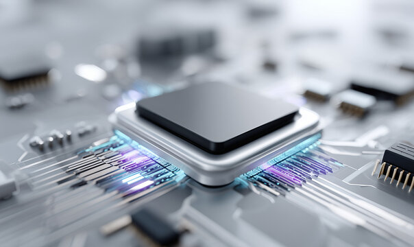 Advanced Semiconductor Concept &mdash; Microscopic Futuristic Circuitry Glowing with Blue and Purple Energy

