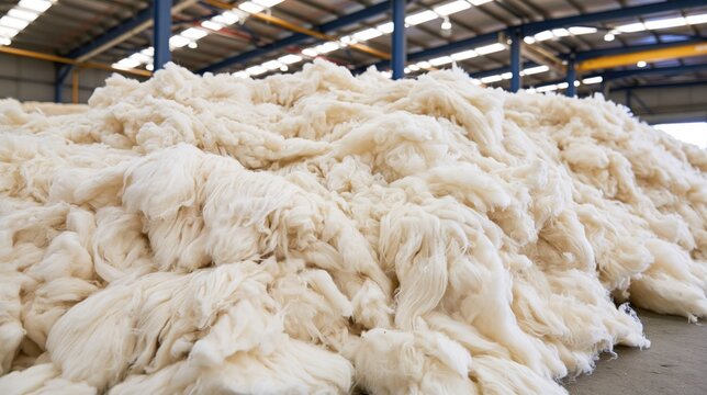 Huge pile of raw white unspun wool fiber in industrial warehouse processing plant
