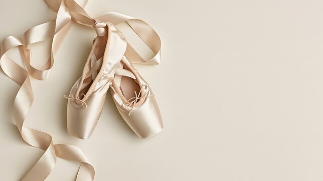 Pink satin ballet pointe shoes with elegant ribbons on plain beige background