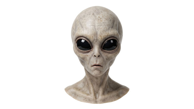Detailed extraterrestrial alien head portrait with large black glossy eyes on transparent background