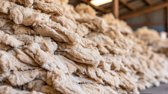 Pile of raw unwashed sheep wool fleece in agricultural building