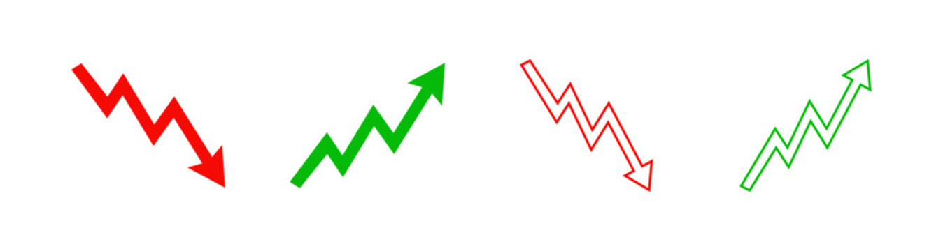 Growth and decline arrow icon set with upward and downward trend symbols in solid and outline styles vector illustration