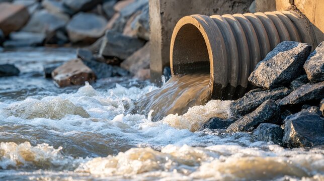 Dirty wastewater discharging from large culvert pipe into rocky river